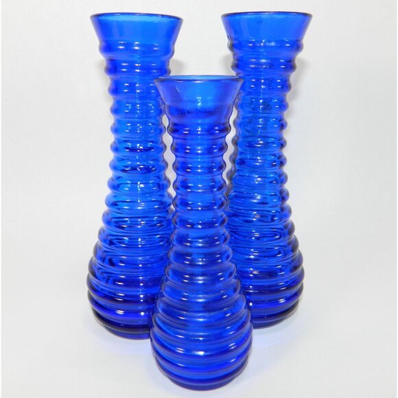 Cobalt Blue Ribbed Glass Vases Depression Glass Beehive Bud Vases Set Of 3 - Picture 7 of 13
